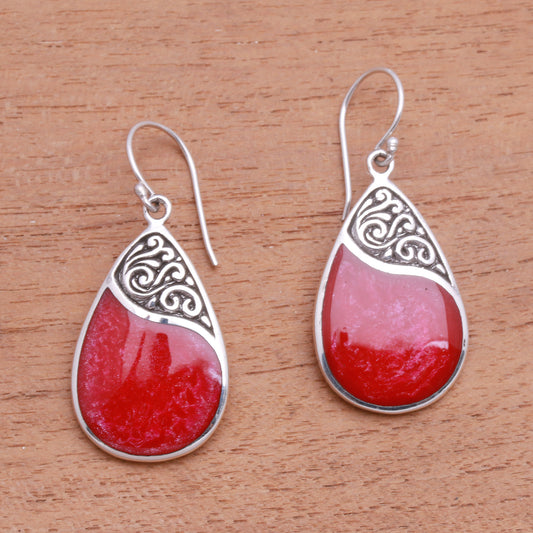 Bali Pear Red Teardrop Sterling Silver and Resin Dangle Earrings