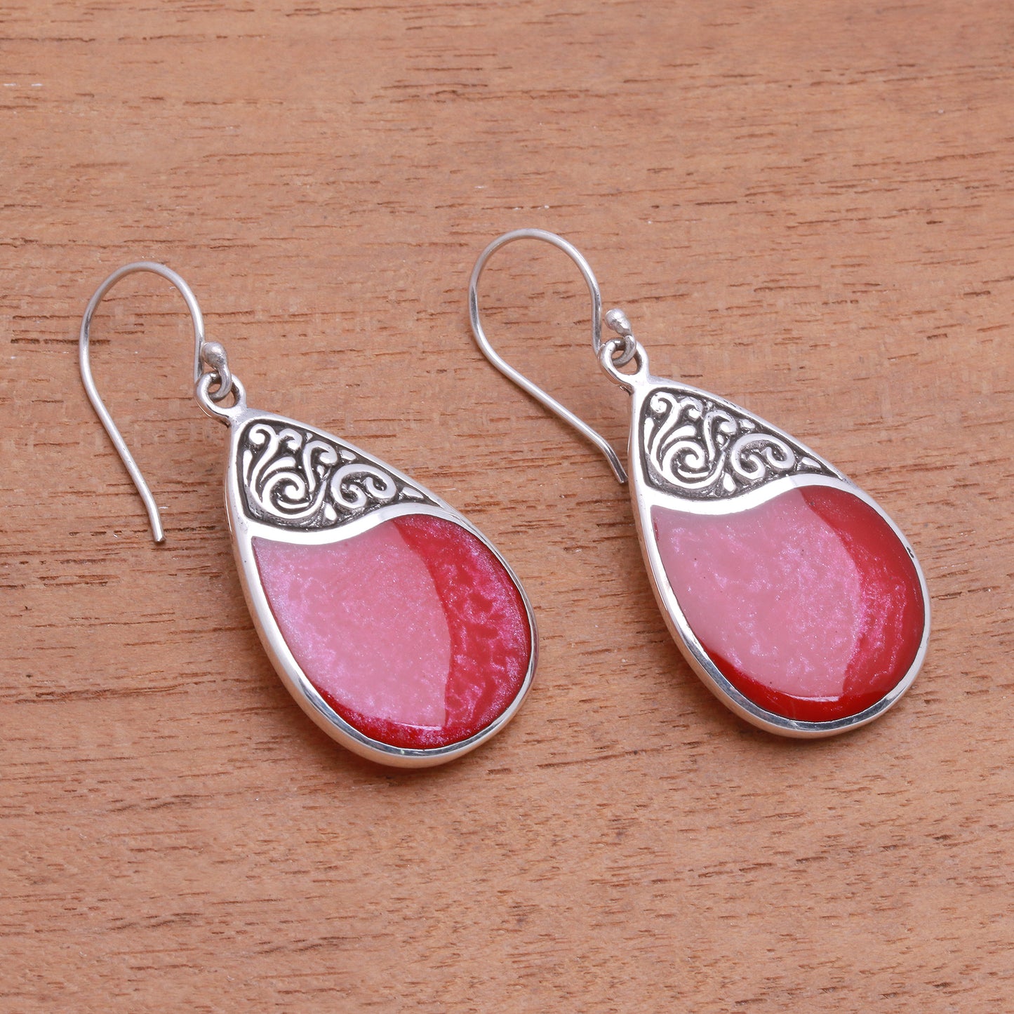 Bali Pear Red Teardrop Sterling Silver and Resin Dangle Earrings