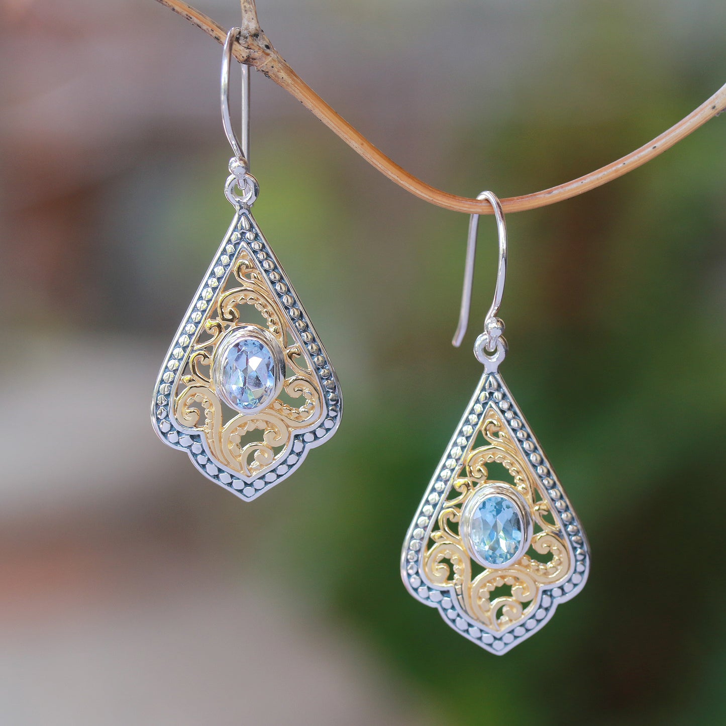 Glamorous Kites Swirl Pattern Gold Accented Blue Topaz Dangle Earrings