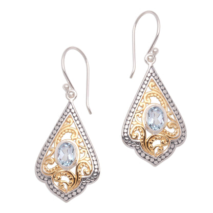 Glamorous Kites Swirl Pattern Gold Accented Blue Topaz Dangle Earrings