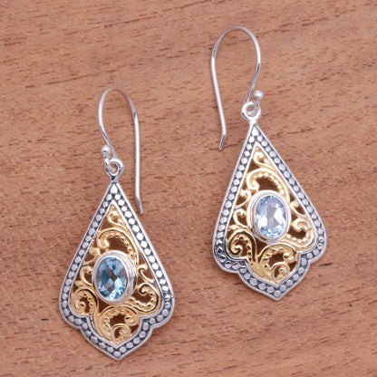 Glamorous Kites Swirl Pattern Gold Accented Blue Topaz Dangle Earrings