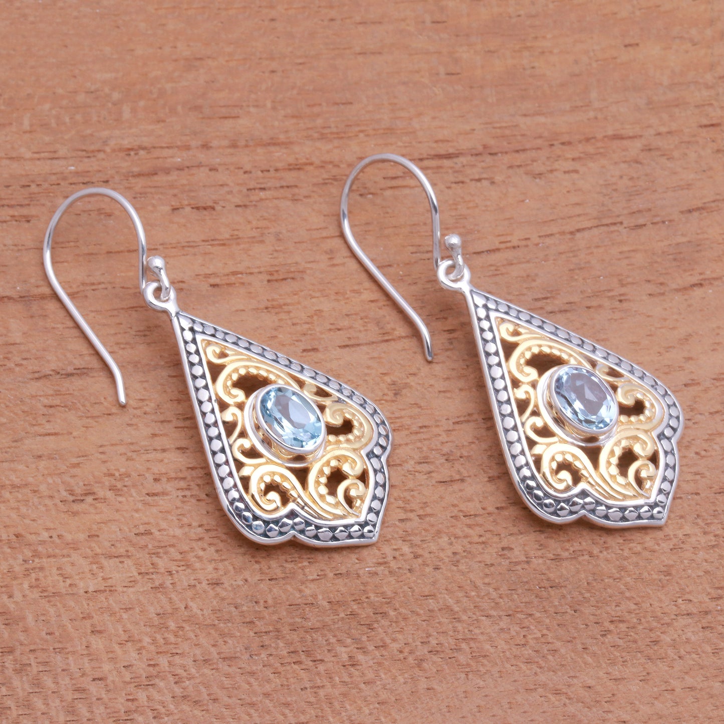 Glamorous Kites Swirl Pattern Gold Accented Blue Topaz Dangle Earrings