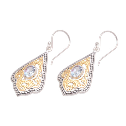 Glamorous Kites Swirl Pattern Gold Accented Blue Topaz Dangle Earrings