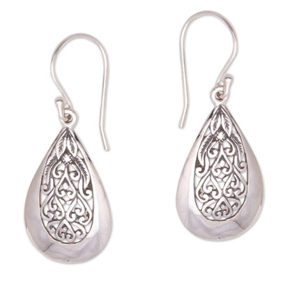 Hidden Flower Drop-Shaped Floral Sterling Silver Dangle Earrings from Bali