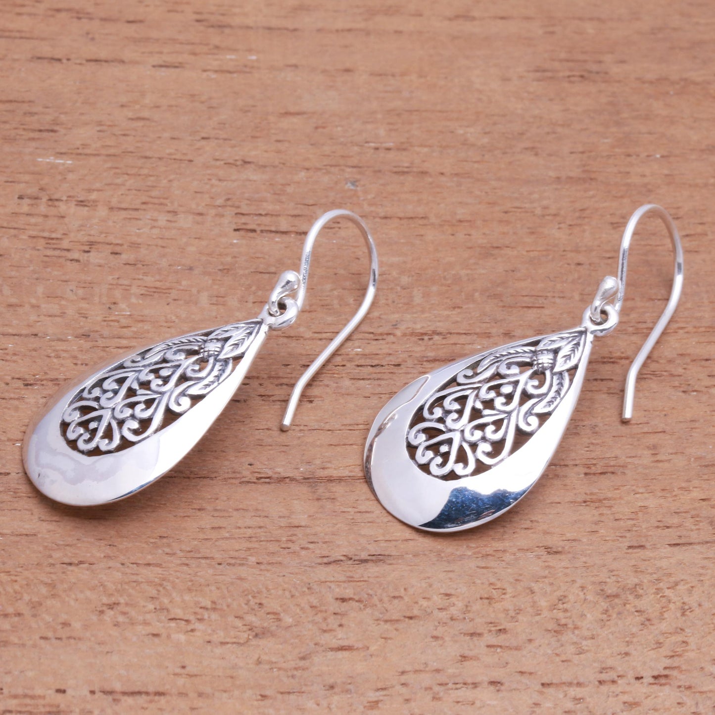 Hidden Flower Drop-Shaped Floral Sterling Silver Dangle Earrings from Bali