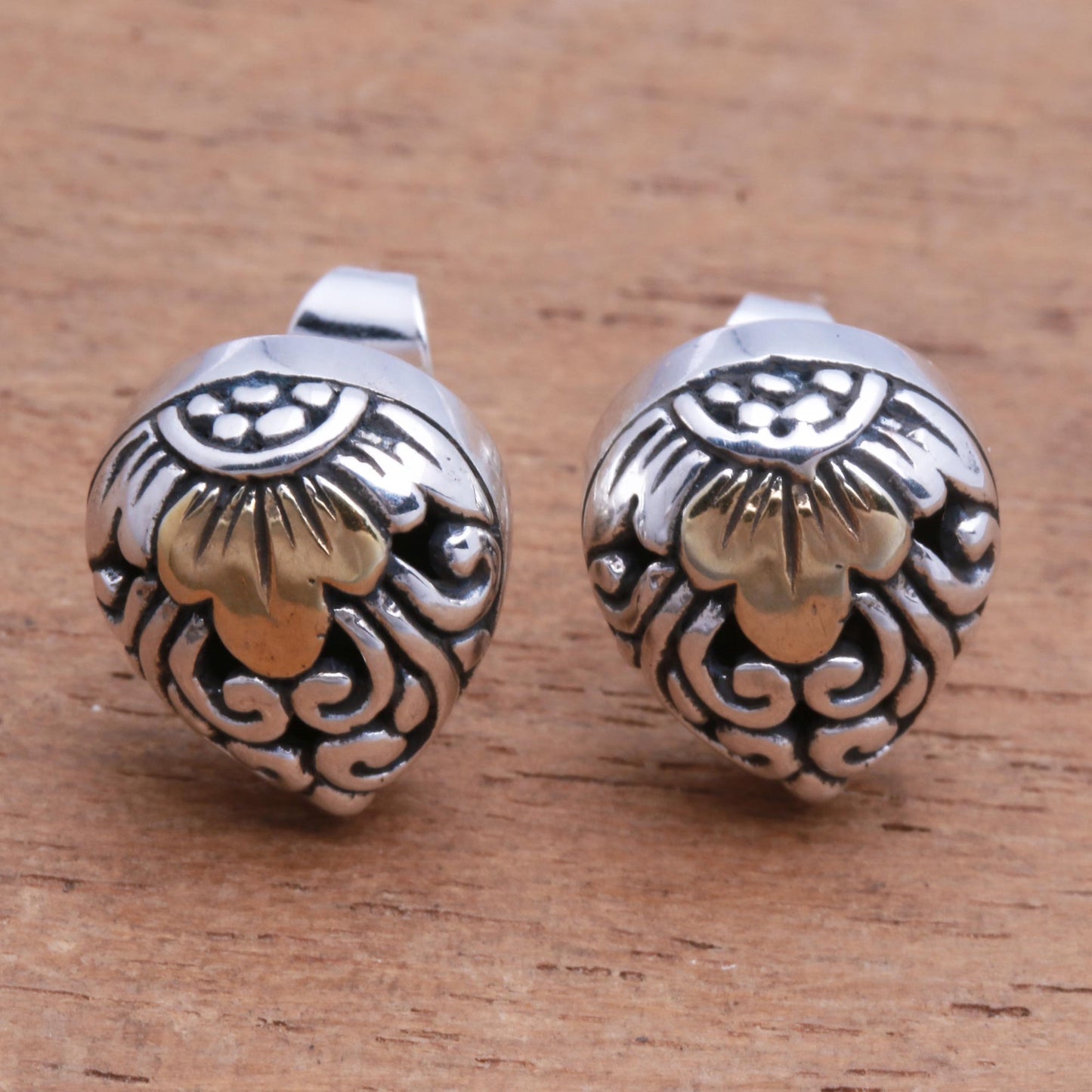 Royal Glam Vine Pattern Gold Accented Sterling Silver Stud Earrings