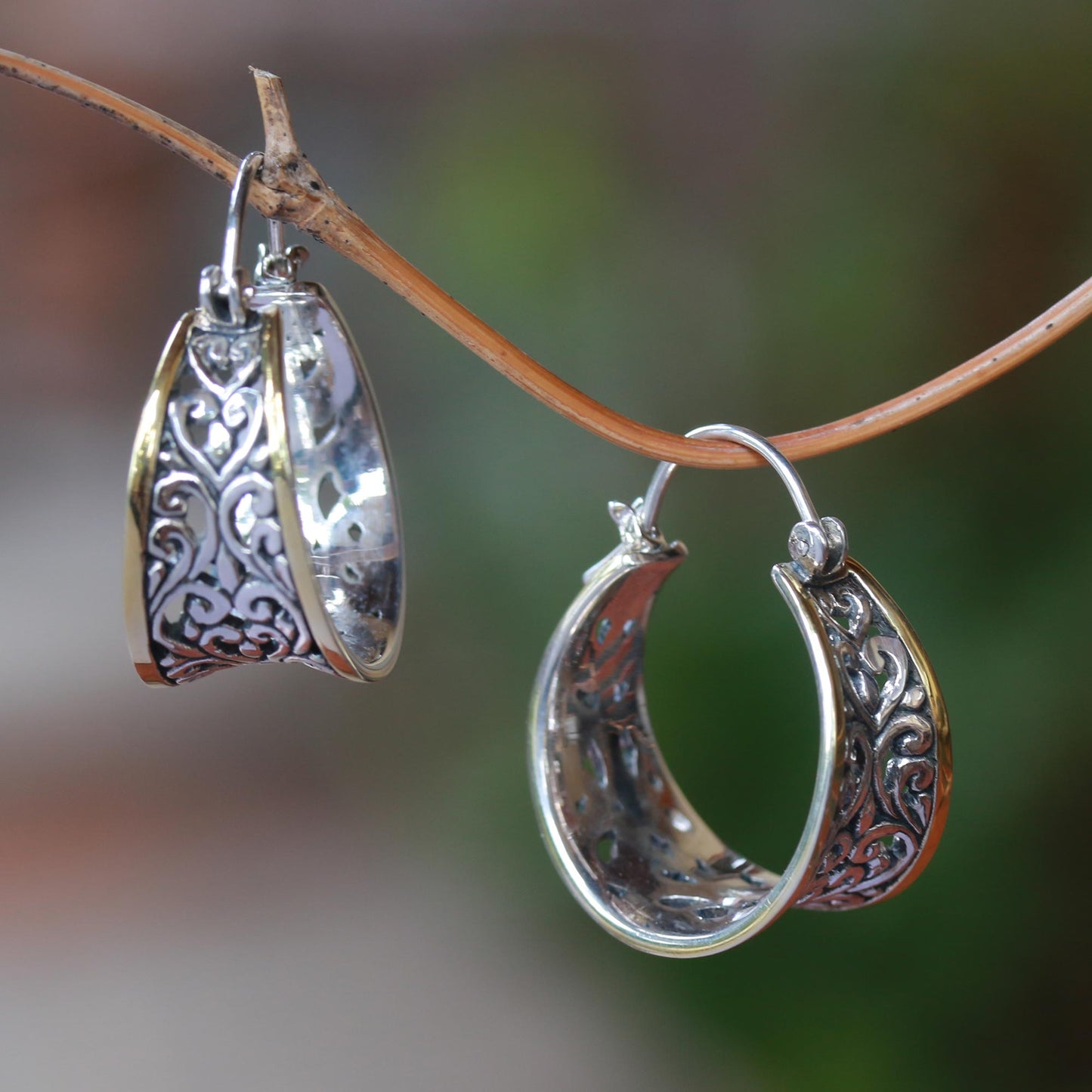 Between Sunlight Gold Accented Sterling Silver Hoop Earrings from Bali