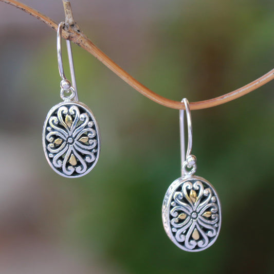 Charming Vines Oval Gold-Accented Sterling Silver Dangle Earrings from Bali