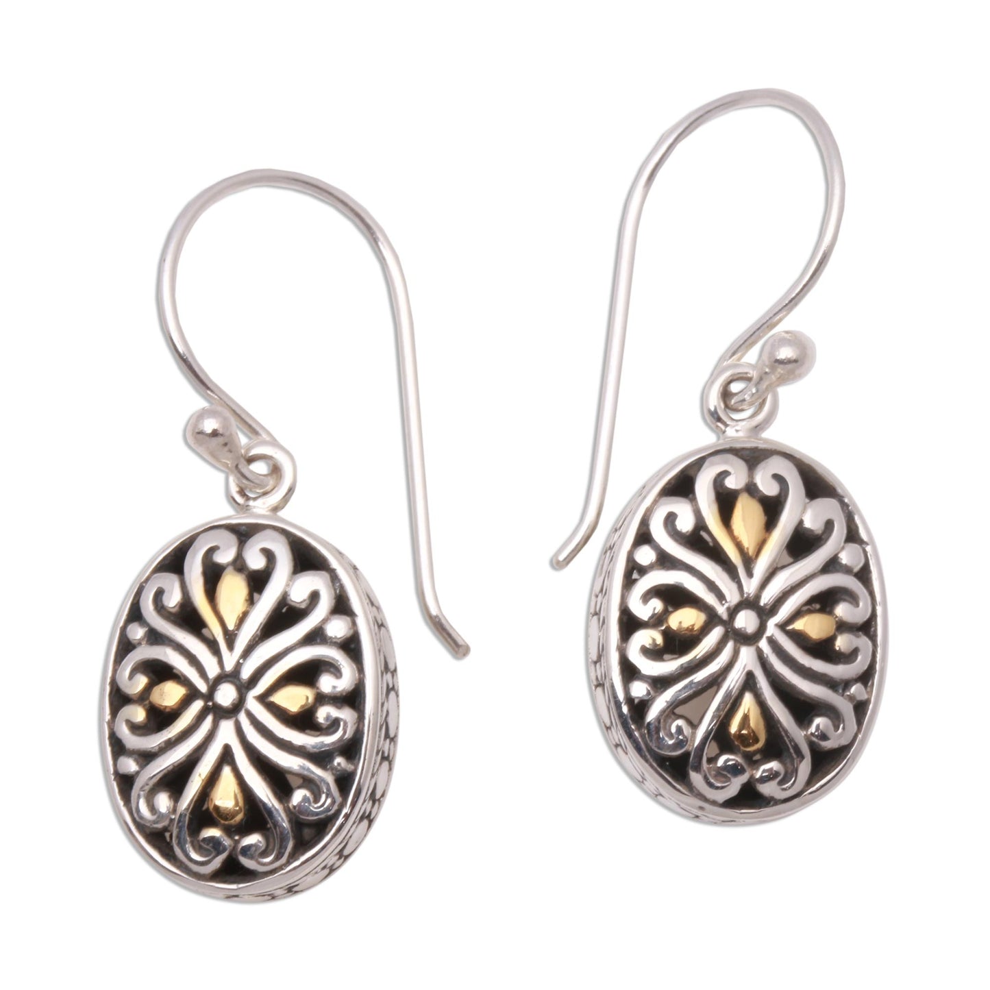 Charming Vines Oval Gold-Accented Sterling Silver Dangle Earrings from Bali