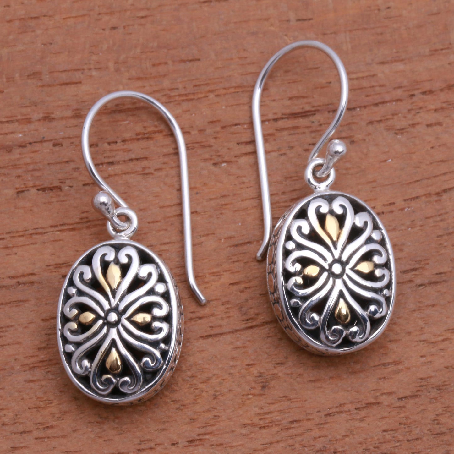 Charming Vines Oval Gold-Accented Sterling Silver Dangle Earrings from Bali