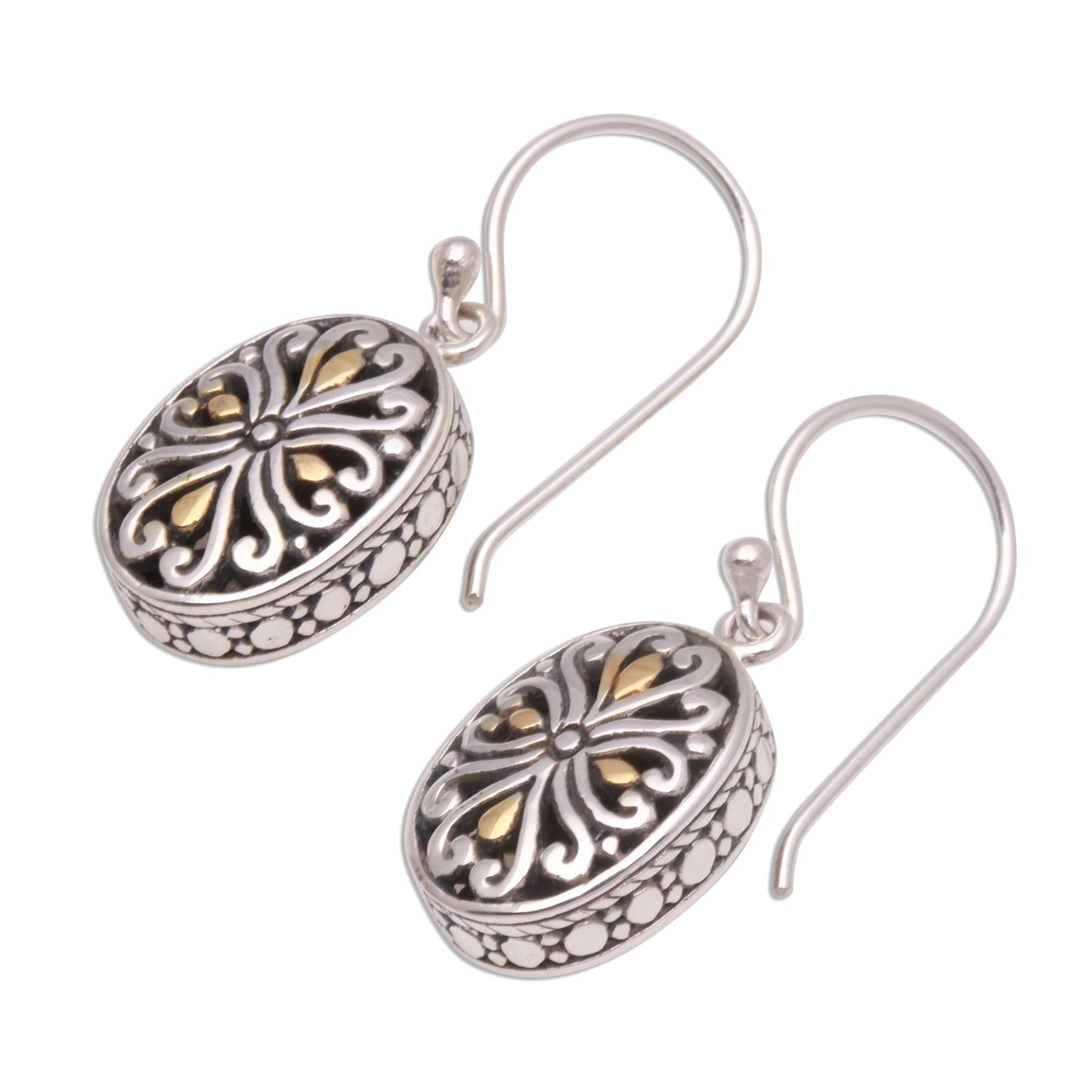 Charming Vines Oval Gold-Accented Sterling Silver Dangle Earrings from Bali