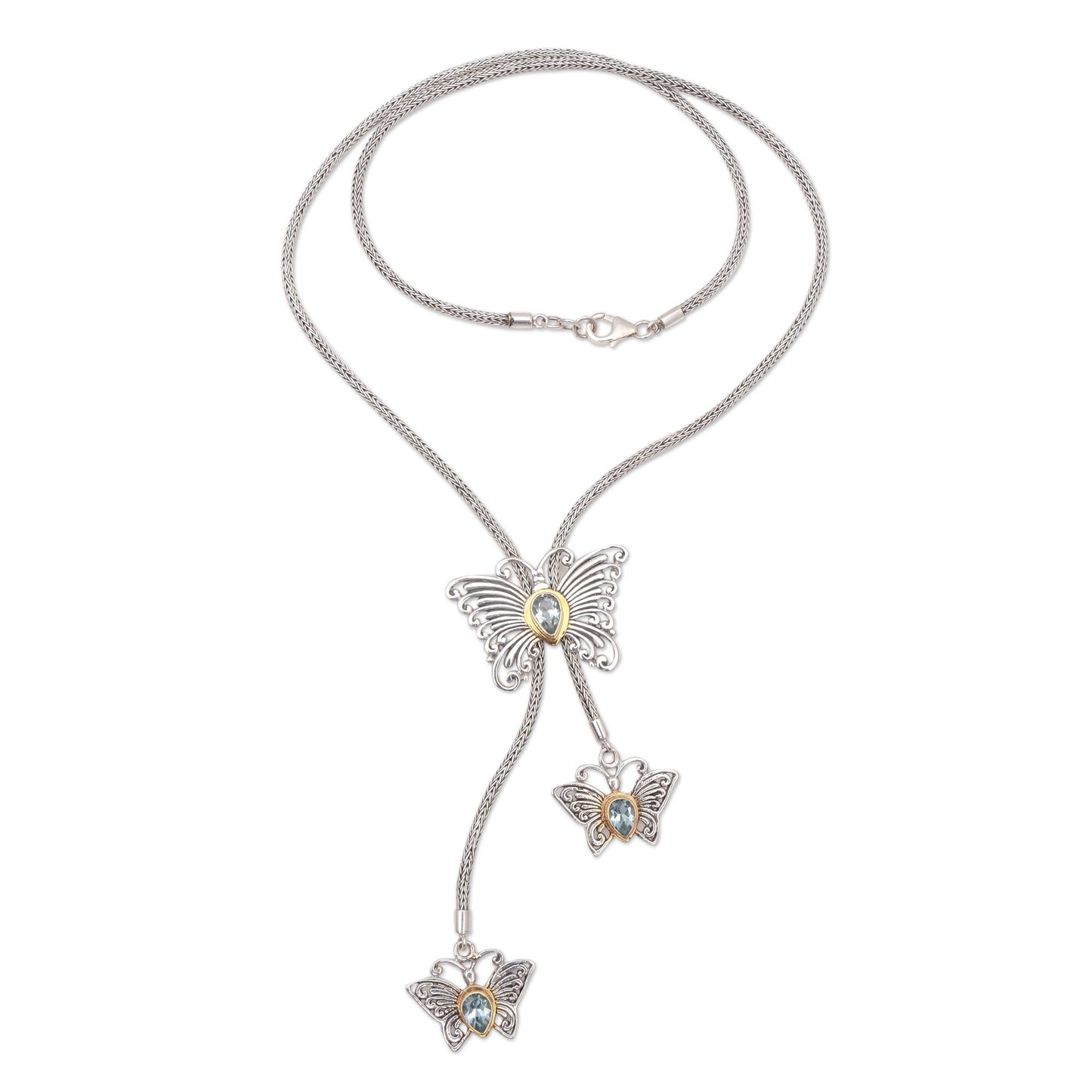 Butterfly Trio Gold Accented Blue Topaz Butterfly Lariat Necklace