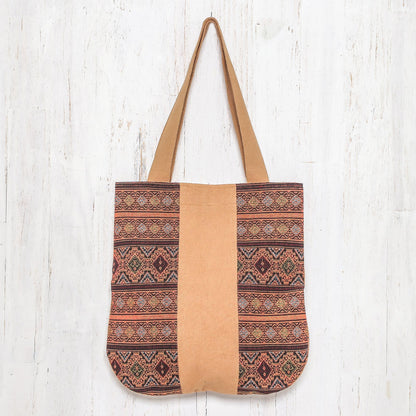 Lanna Caramel Geometric Cotton Shoulder Bag in Caramel from Thailand