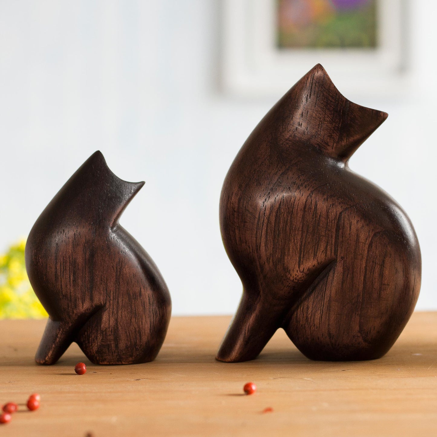 Mother Cat Cedar Wood Cat Figurines from Peru (Pair)