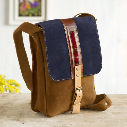 Stylish Adventure in Indigo Sepia and Indigo Leather Accented Suede Messenger Bag