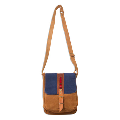 Stylish Adventure in Indigo Sepia and Indigo Leather Accented Suede Messenger Bag