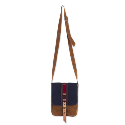 Stylish Adventure in Indigo Sepia and Indigo Leather Accented Suede Messenger Bag