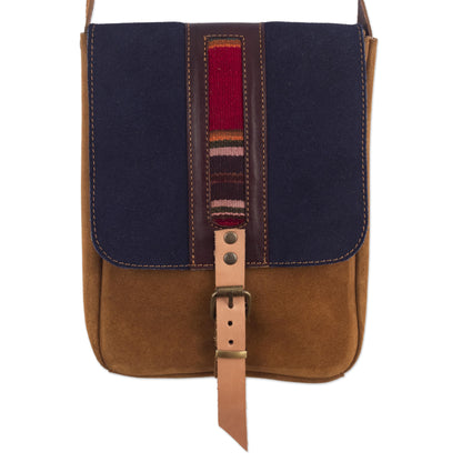 Stylish Adventure in Indigo Sepia and Indigo Leather Accented Suede Messenger Bag