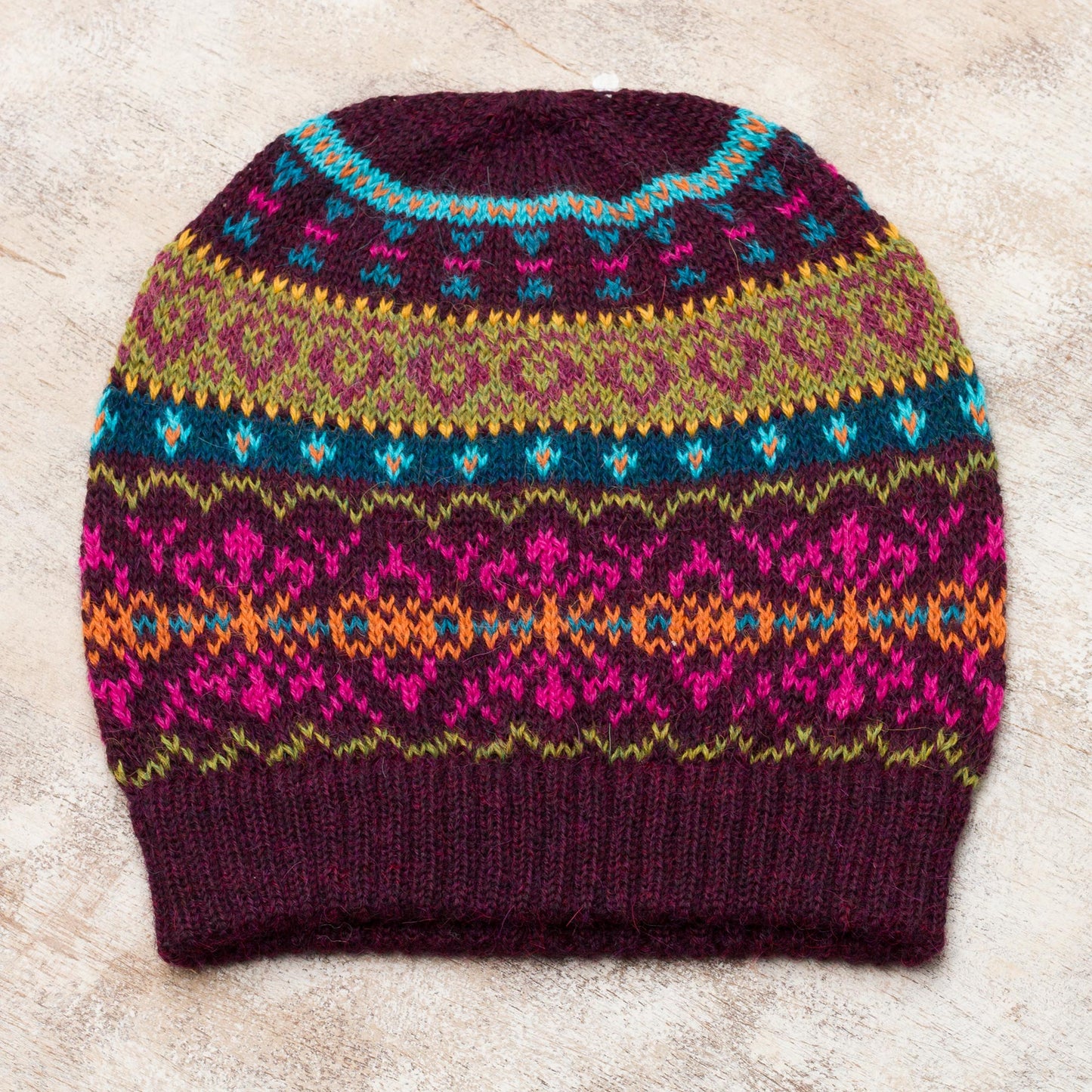 Colorful Carousel Multi-Color 100% Alpaca Knit Hat with Rows of Varying Motifs
