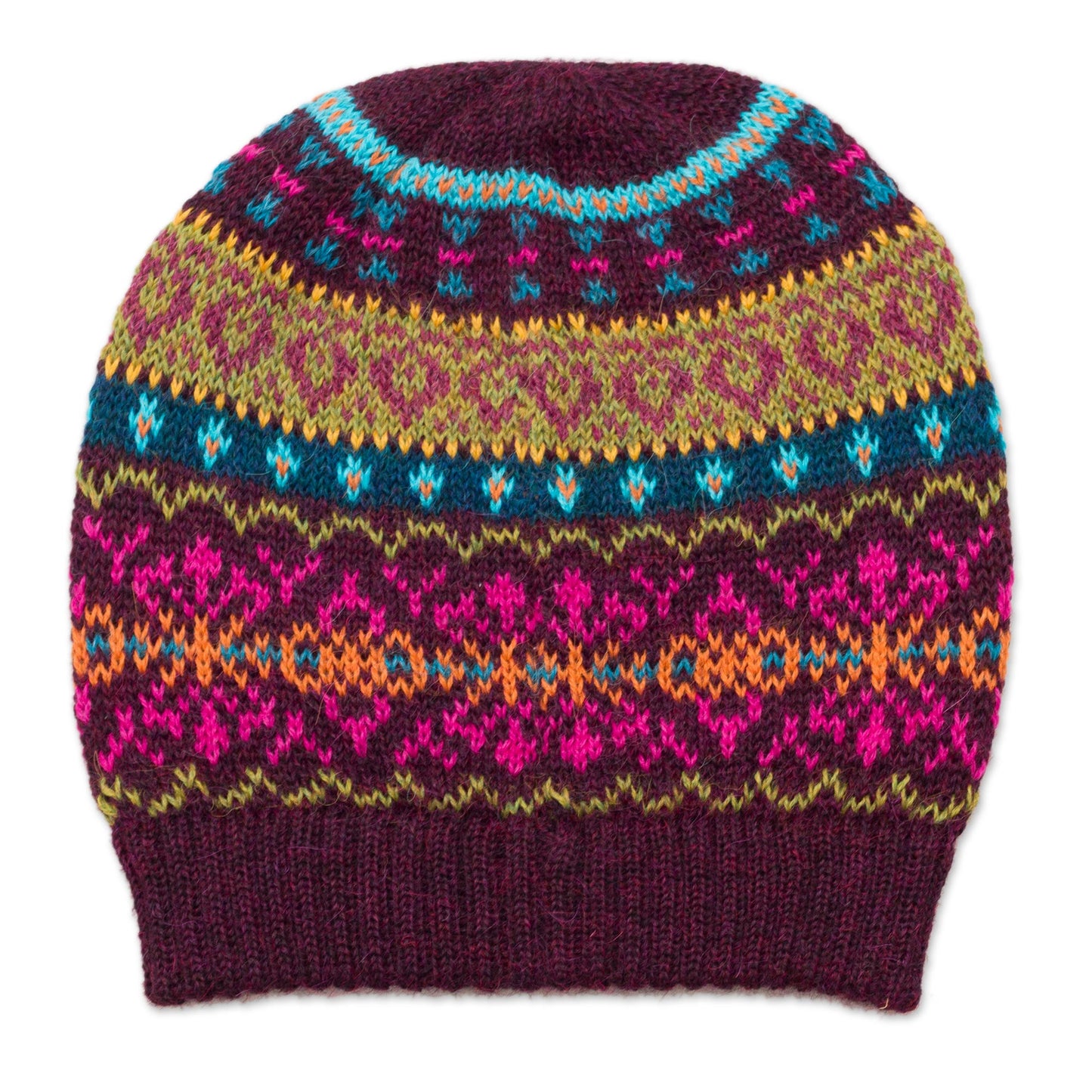 Colorful Carousel Multi-Color 100% Alpaca Knit Hat with Rows of Varying Motifs