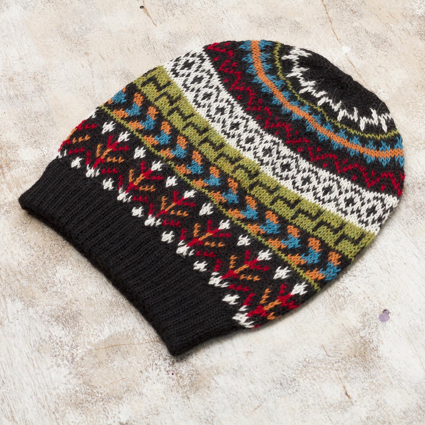 Motif Medley Multi-Color 100% Alpaca Knit Hat with Geometric Motifs