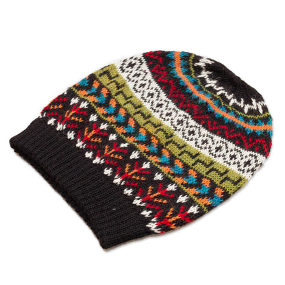 Motif Medley Multi-Color 100% Alpaca Knit Hat with Geometric Motifs