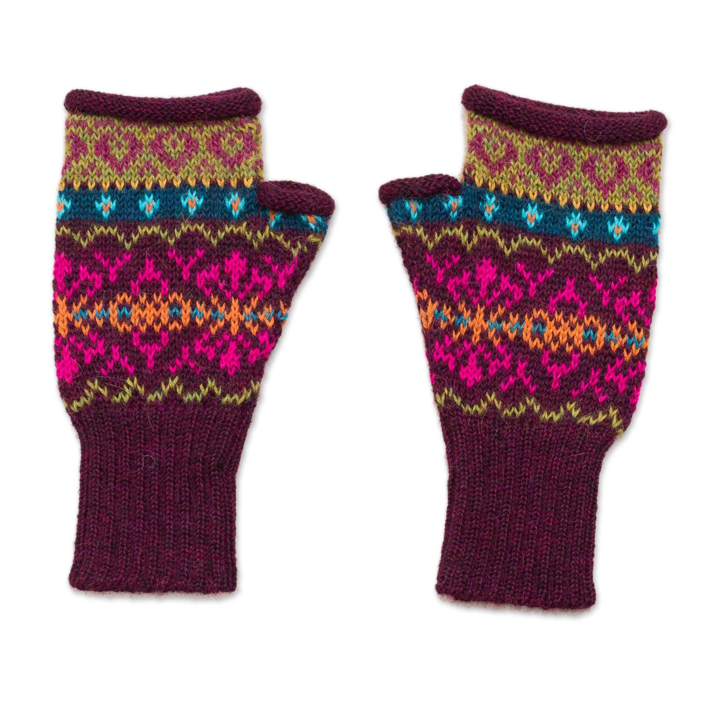 Colorful Carousel Multi-Color Multi-Motif 100% Alpaca Knit Fingerless Mitts