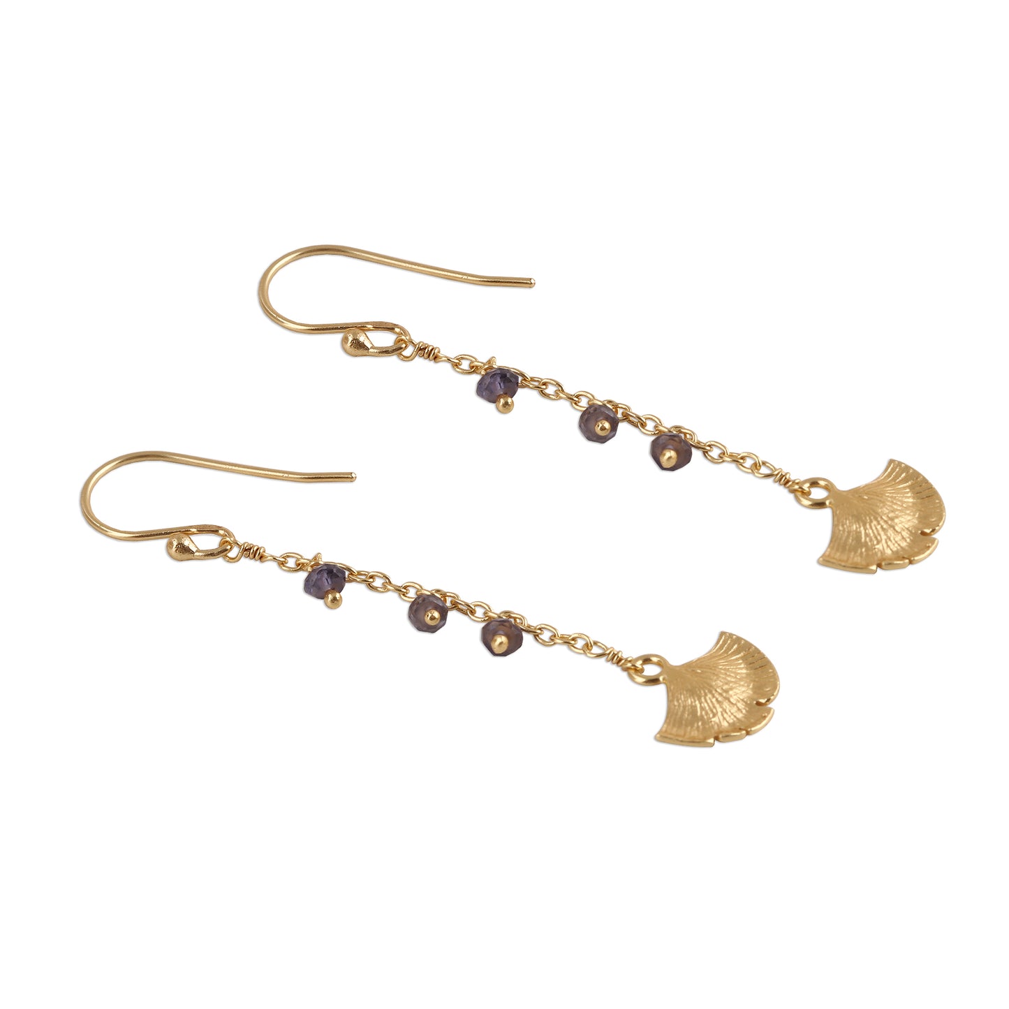 Ginkgo Hope Gold Plated Iolite Ginkgo Leaf Dangle Earrings from India