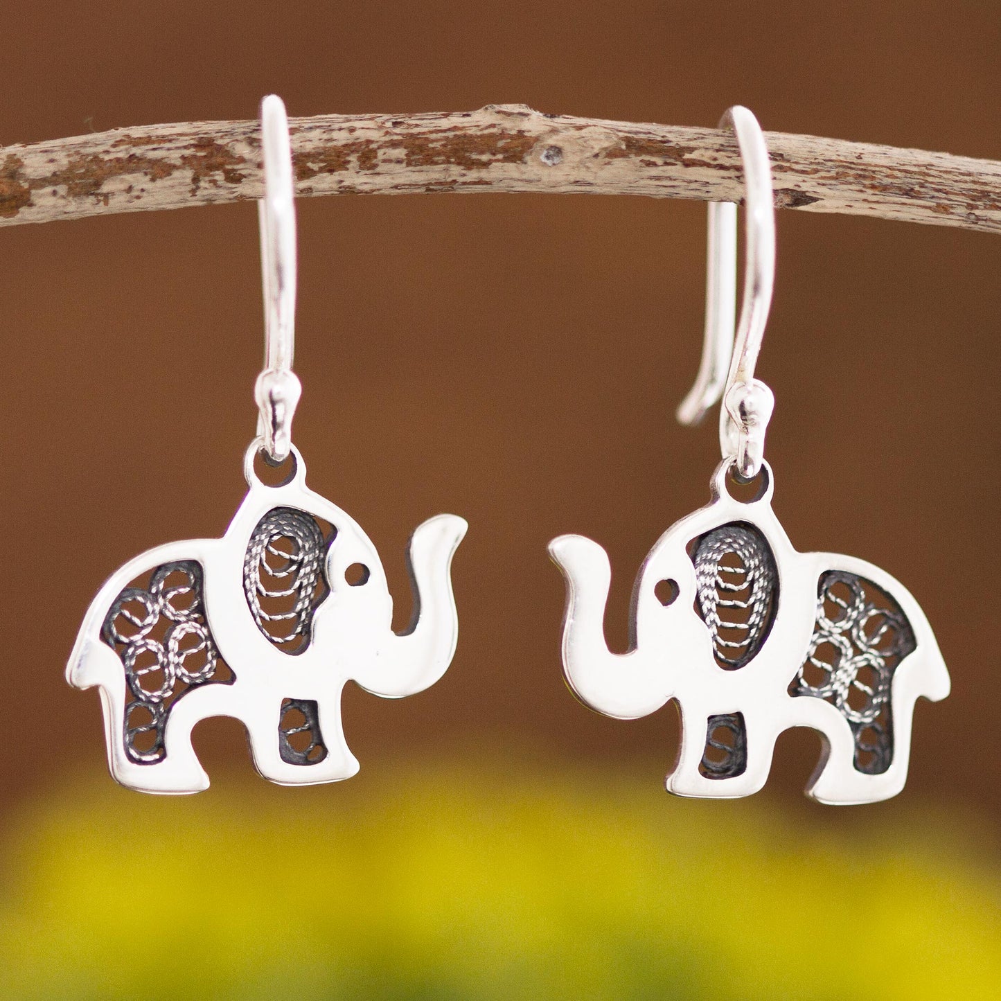 Fancy Elephant Sterling Silver Elephant with Filigree Dangle Earrings