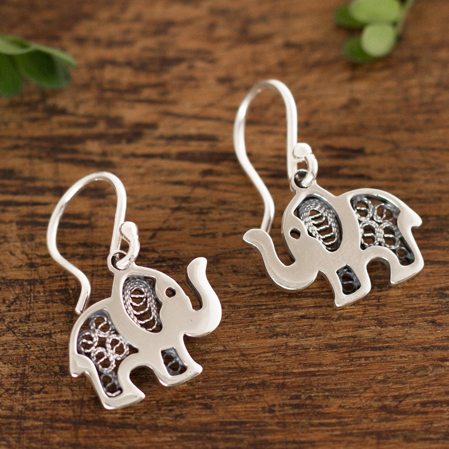 Fancy Elephant Sterling Silver Elephant with Filigree Dangle Earrings