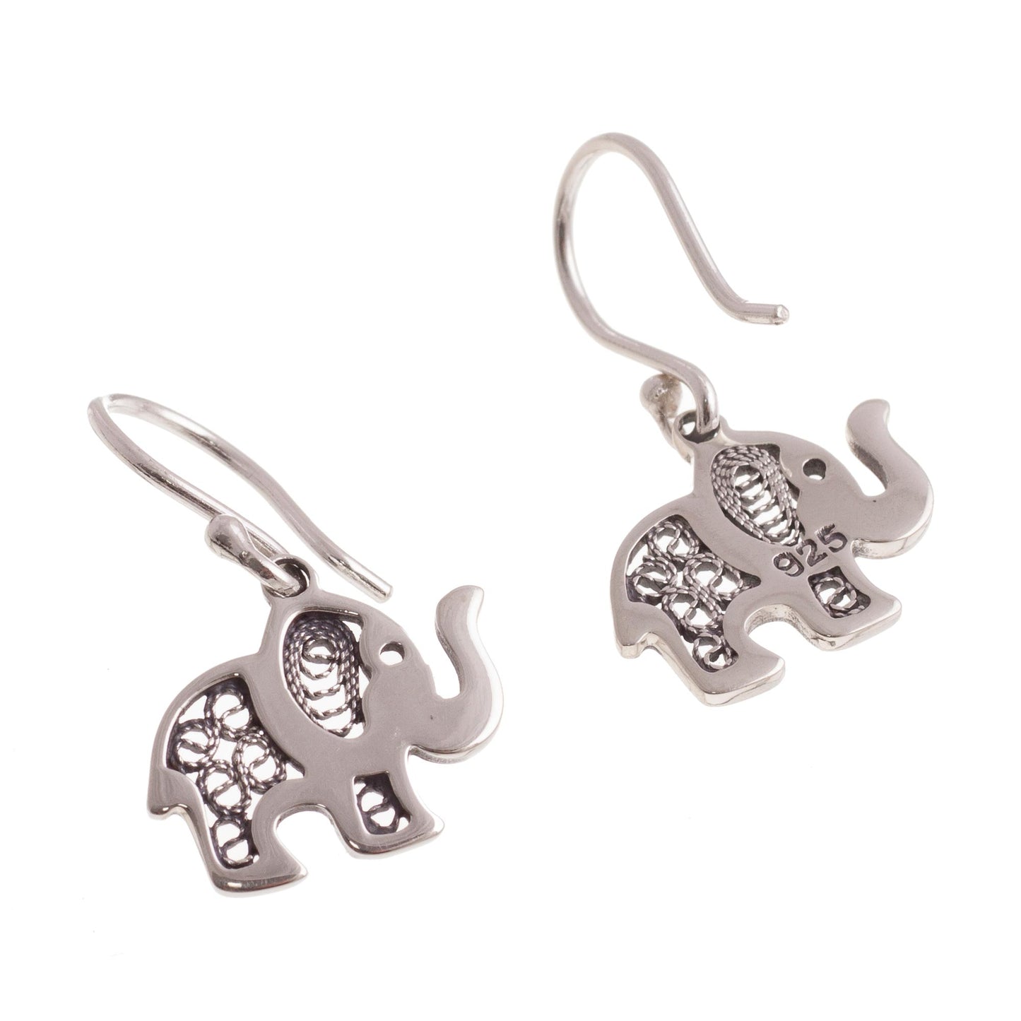 Fancy Elephant Sterling Silver Elephant with Filigree Dangle Earrings