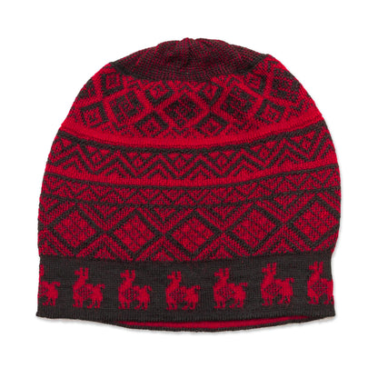 Alpaca Parade in Red Black and Crimson Red Diamond Motif Alpaca Blend Knit Hat