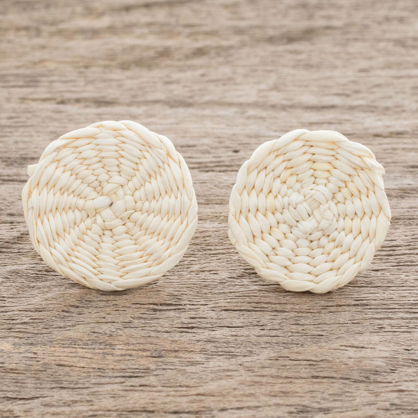 Circular Sensation in Natural Natural Off-White Woven Junco Reed Circular Button Earrings