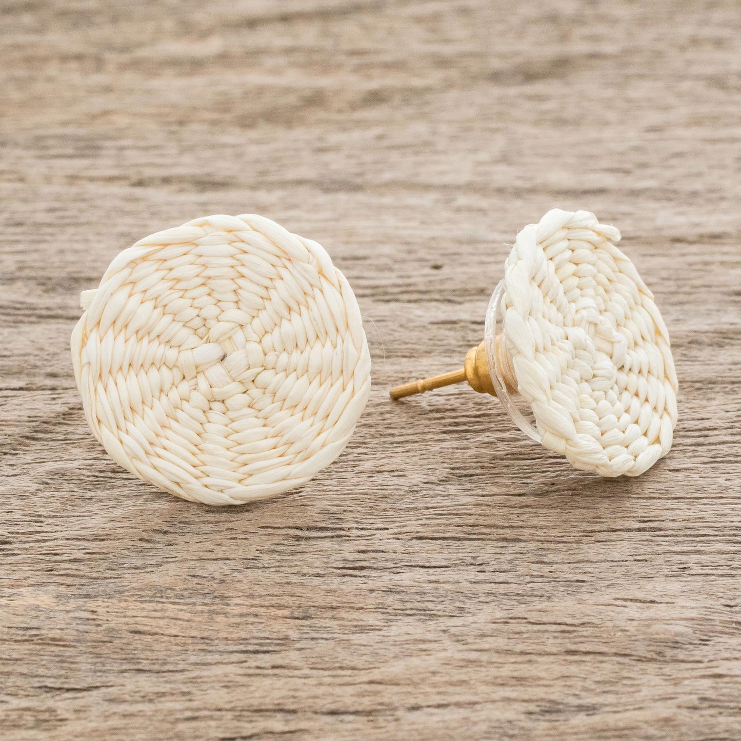 Circular Sensation in Natural Natural Off-White Woven Junco Reed Circular Button Earrings