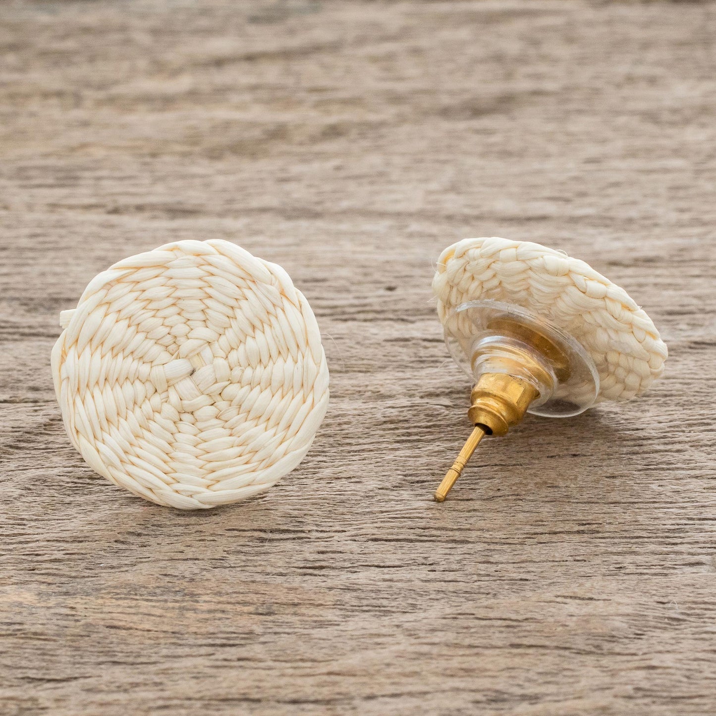 Circular Sensation in Natural Natural Off-White Woven Junco Reed Circular Button Earrings