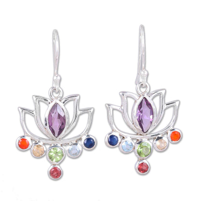 Lotus Chakra Floral Multi-Gemstone Chakra Dangle Earrings from India