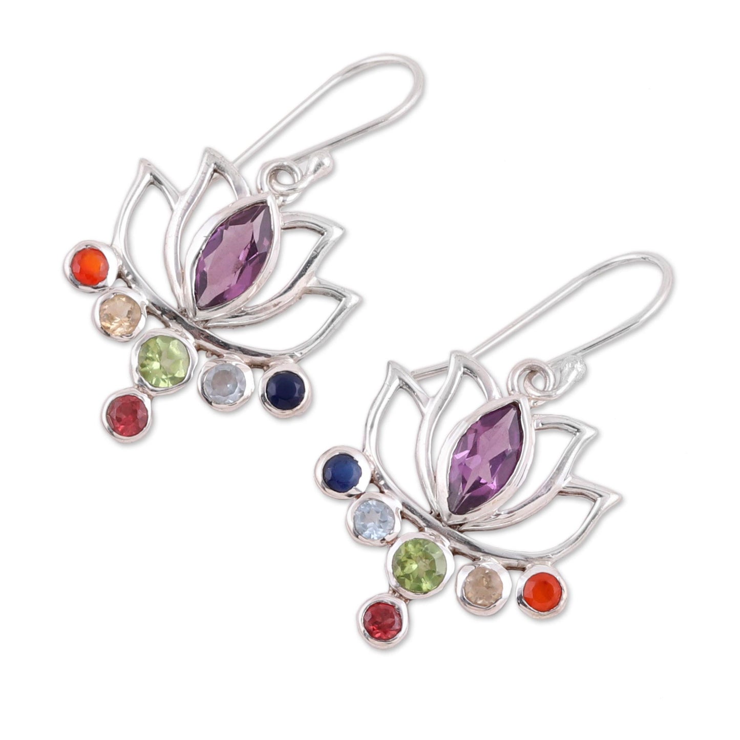 Lotus Chakra Floral Multi-Gemstone Chakra Dangle Earrings from India