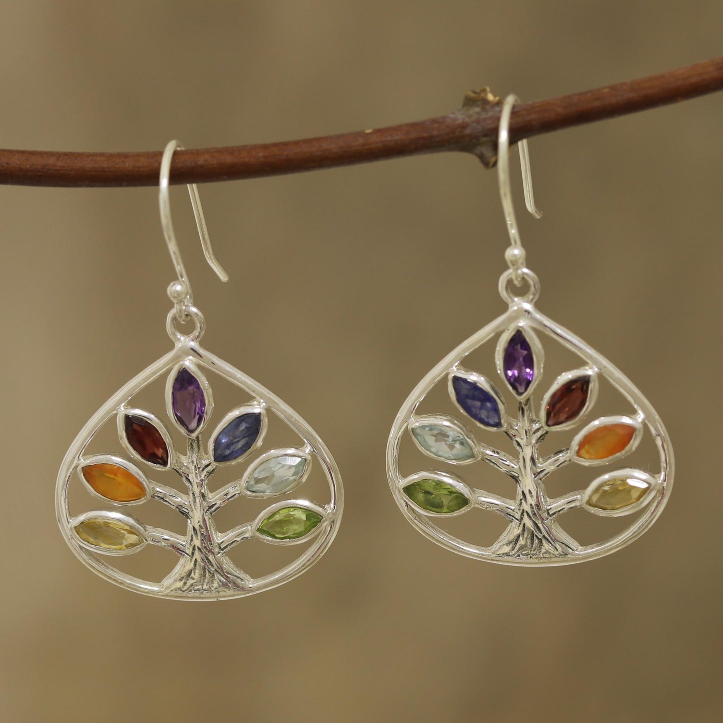 Energy Tree Multi-Gemstone Chakra Tree Dangle Earrings from India