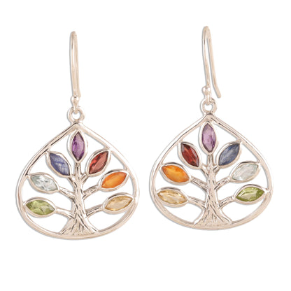 Energy Tree Multi-Gemstone Chakra Tree Dangle Earrings from India