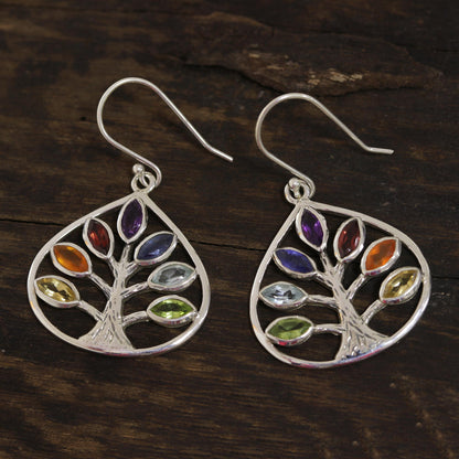 Energy Tree Multi-Gemstone Chakra Tree Dangle Earrings from India