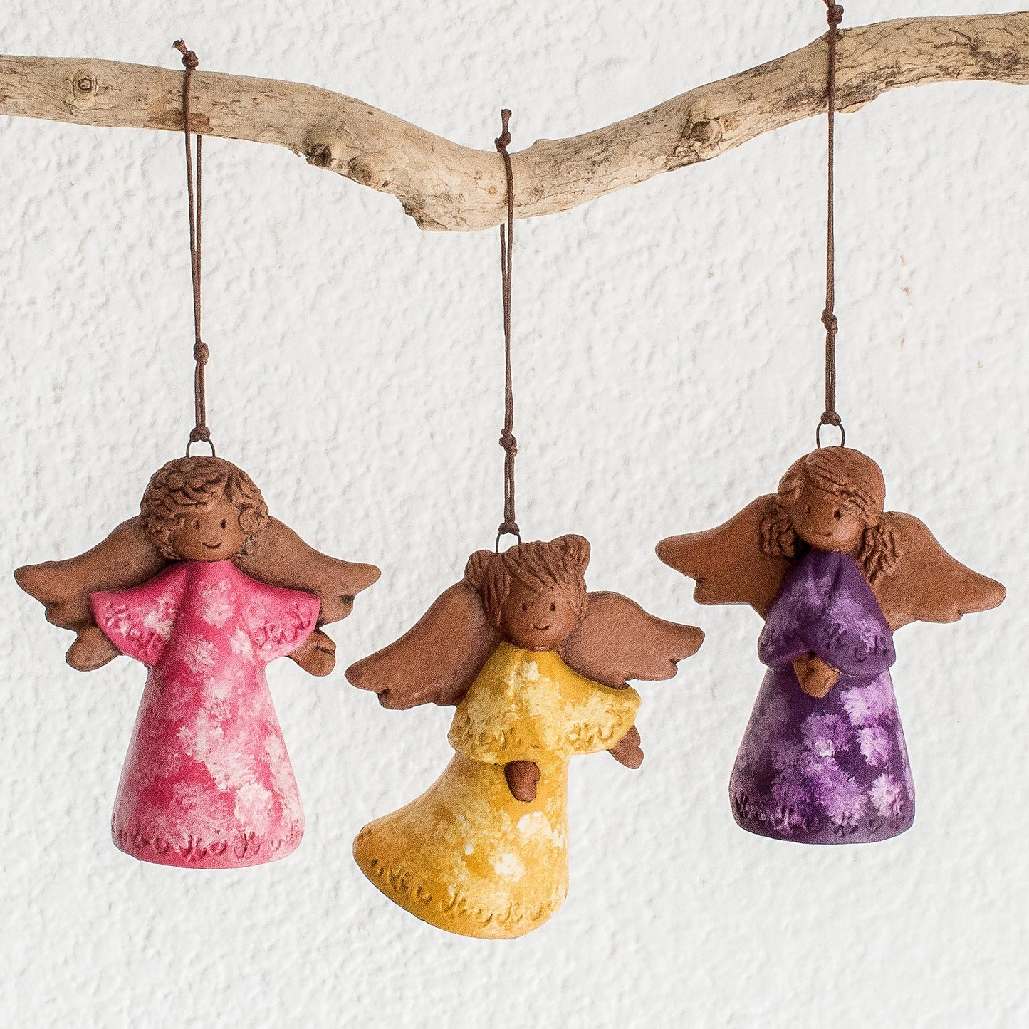 Three Colorful Angels Colorful Ceramic Angel Ornaments from El Salvador (Pair)