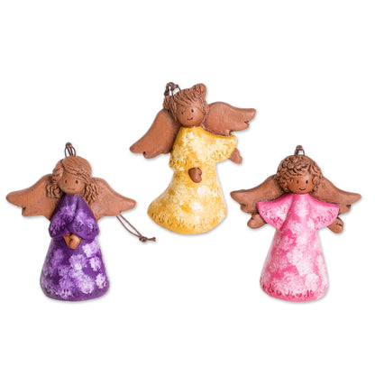 Three Colorful Angels Colorful Ceramic Angel Ornaments from El Salvador (Pair)