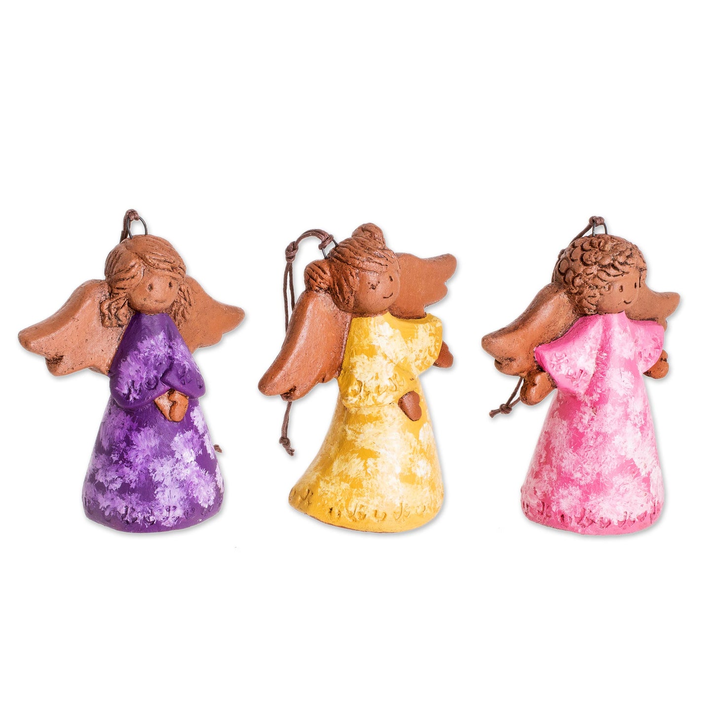 Three Colorful Angels Colorful Ceramic Angel Ornaments from El Salvador (Pair)