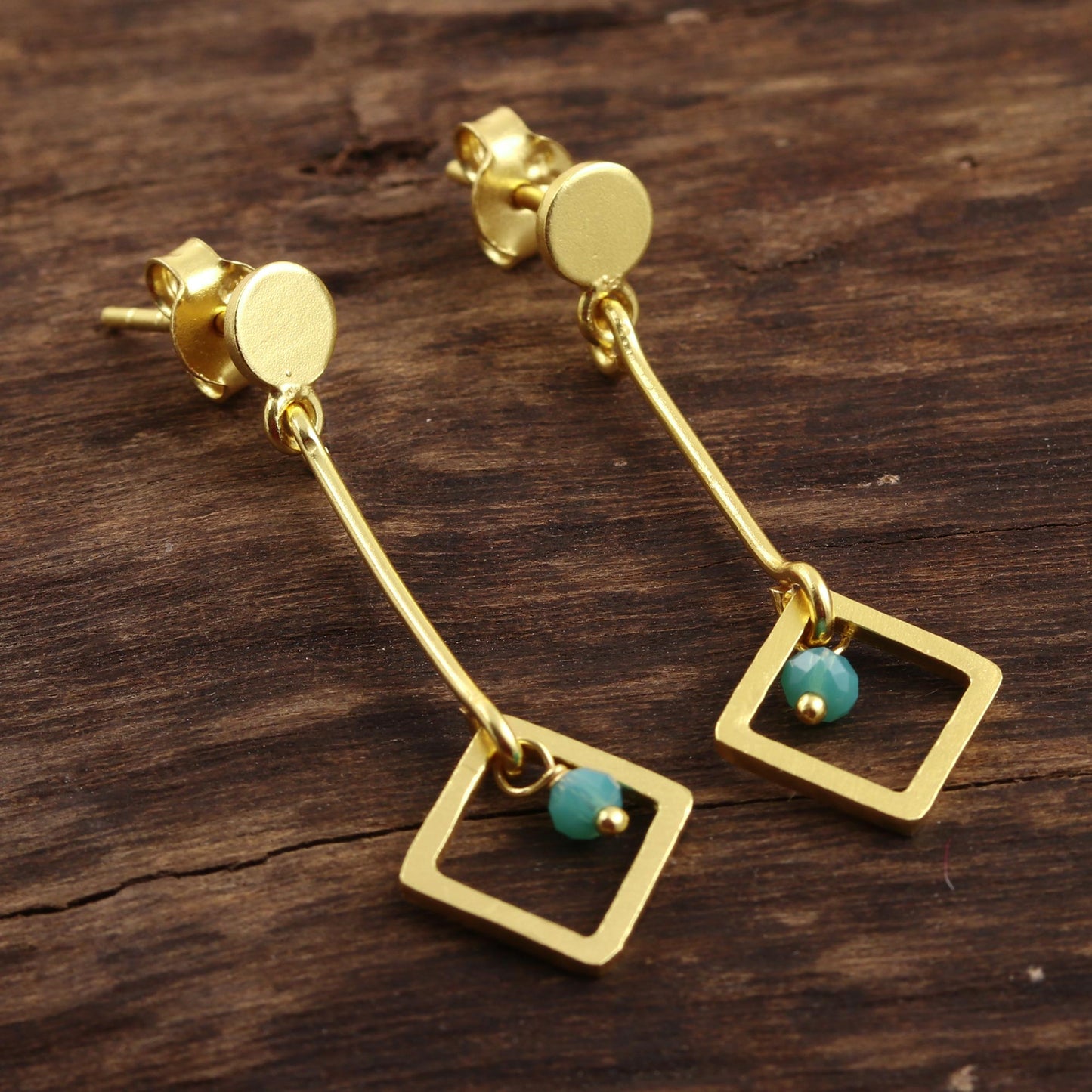 Square Dazzle 22k Gold Plated Chalcedony Dangle Earrings from India