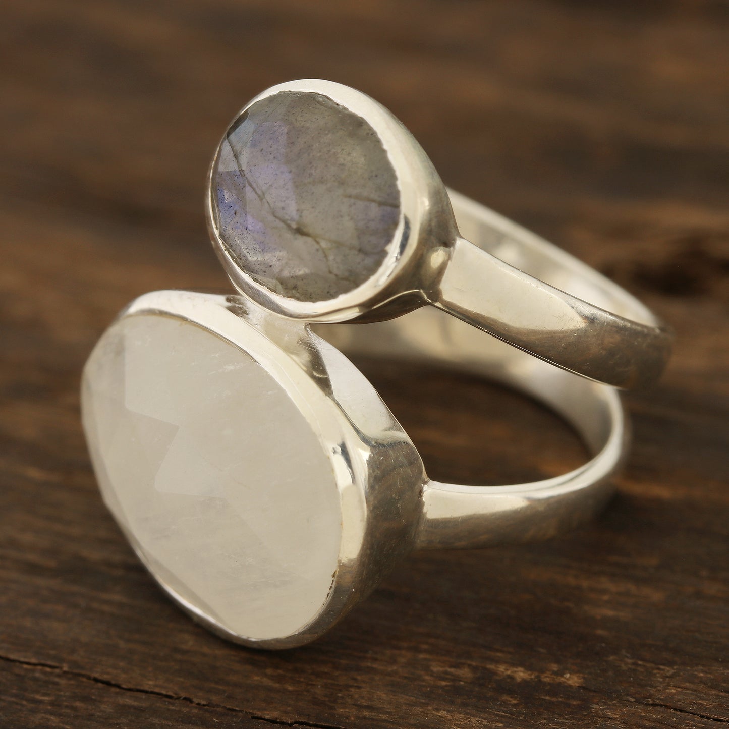 Evening Elegance Rainbow Moonstone and Labradorite Cocktail Ring from India