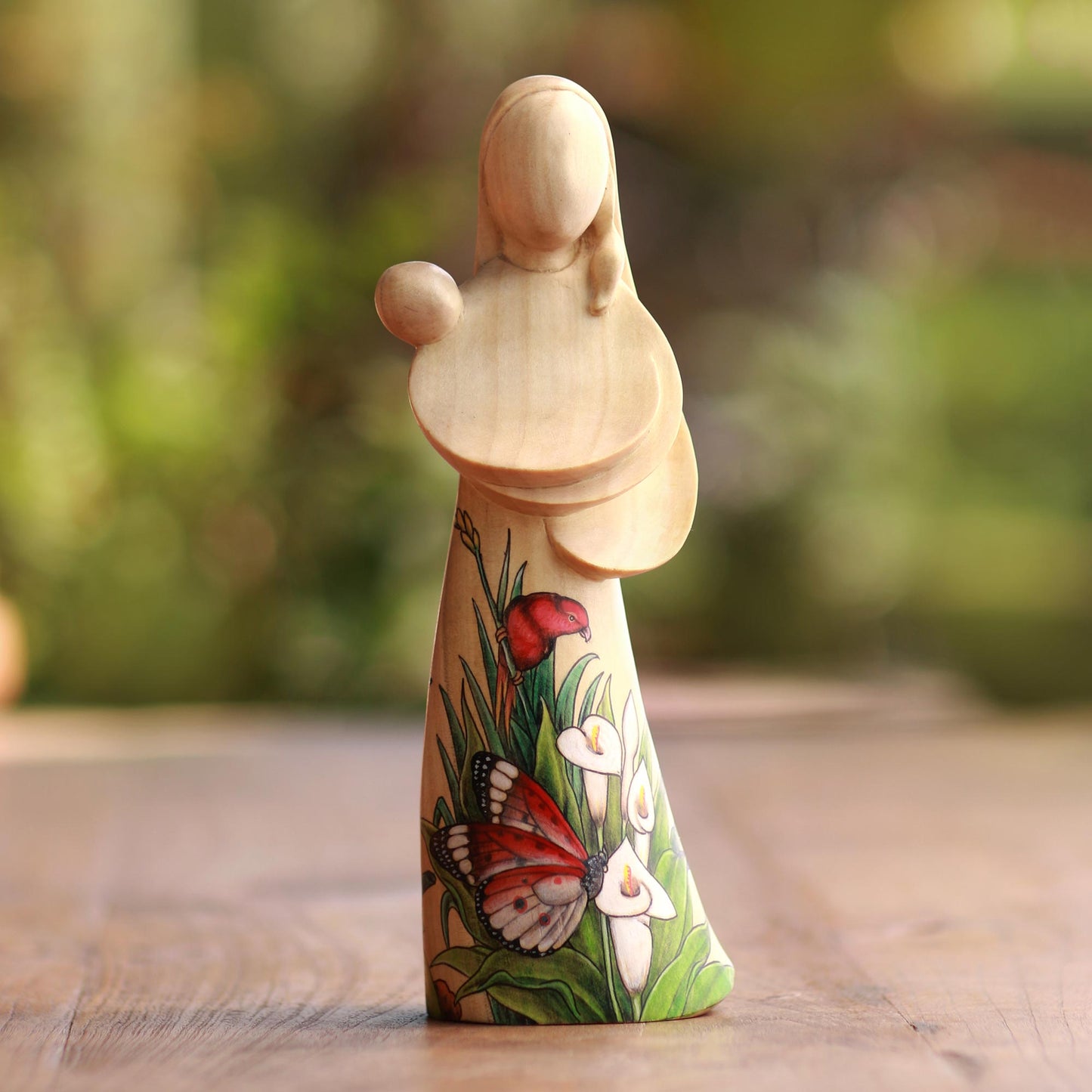 Mother and Child Hand-Painted Wood Mother and Child Statuette from Bali