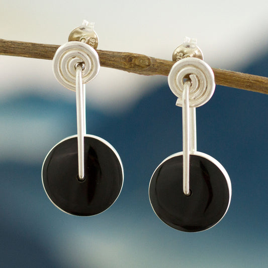 Mesmerizing Midnight Obsidian Circle and Sterling Silver Spiral Dangle Earrings