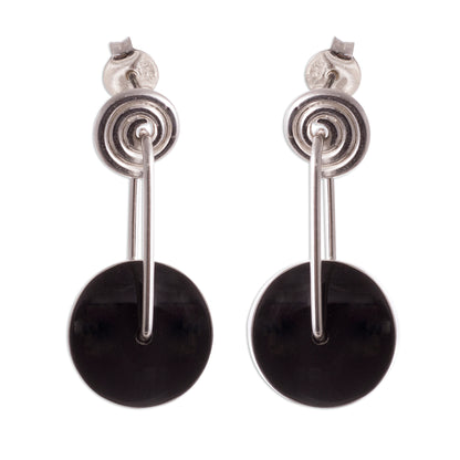 Mesmerizing Midnight Obsidian Circle and Sterling Silver Spiral Dangle Earrings