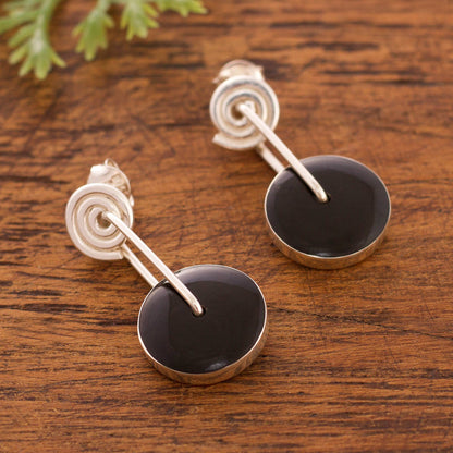 Mesmerizing Midnight Obsidian Circle and Sterling Silver Spiral Dangle Earrings