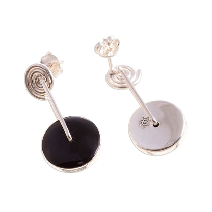 Mesmerizing Midnight Obsidian Circle and Sterling Silver Spiral Dangle Earrings